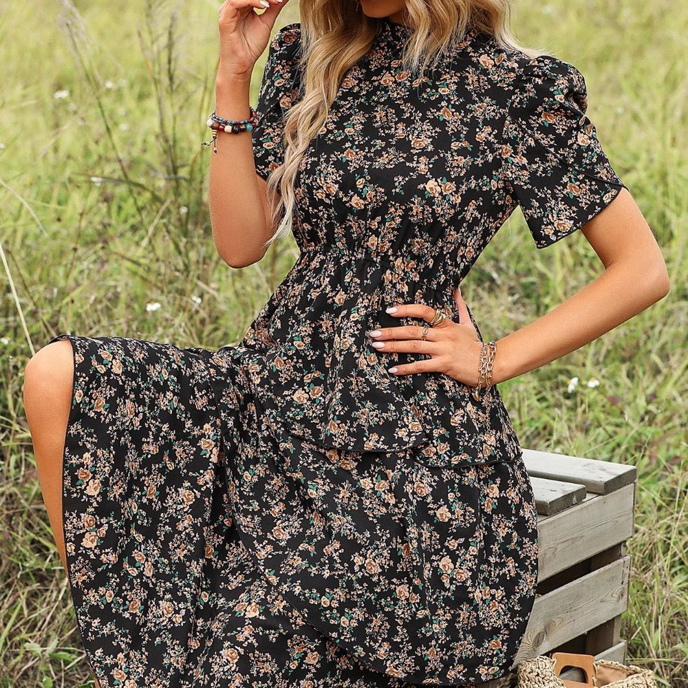 Black Boho Womens Ditsy Floral Print Petal Sleeve Layered Hem Dress - Picture 5 of 5